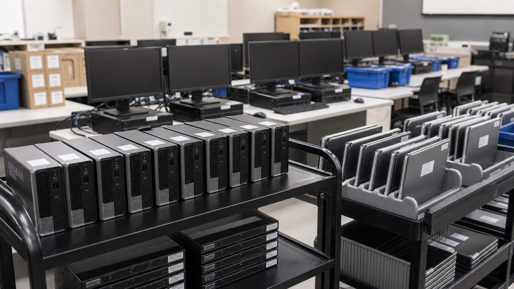 Printers and office equipment stored in a warehouse